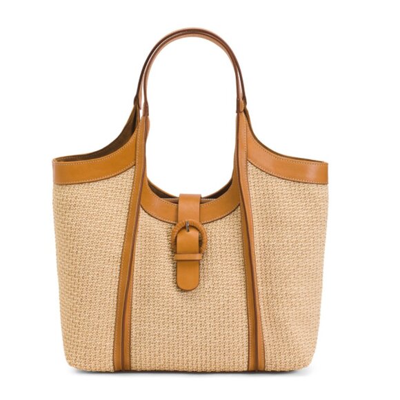 CAVALCANTI Cuoio Made In Italy Leather Straw Tote With Central Panel - Picture 1 of 2